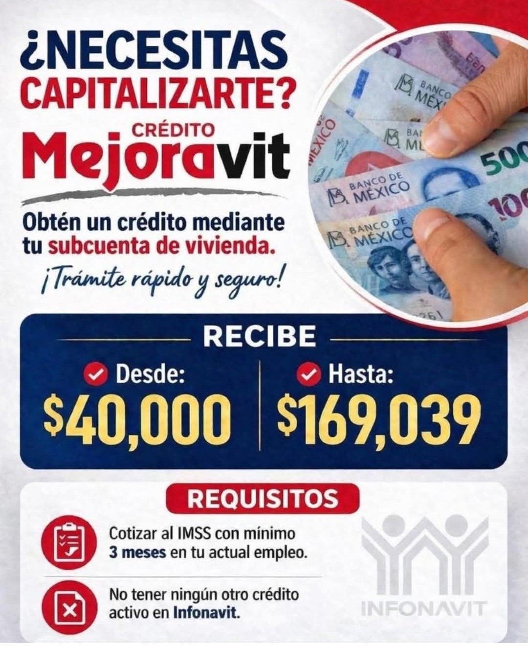 Promocional de crédito Mejoravit en efectivo
